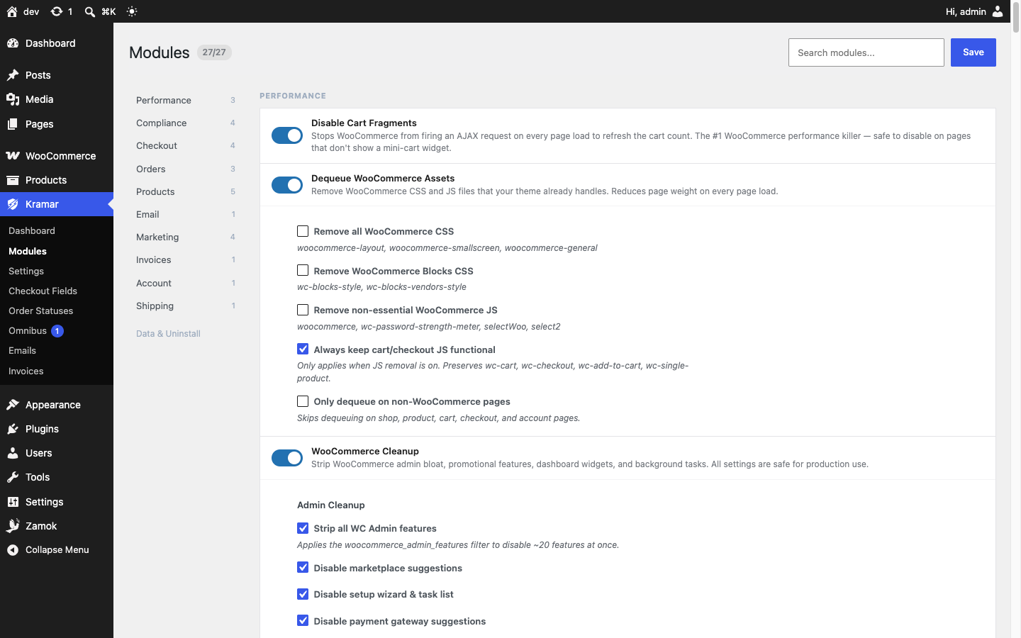 Modules — enable only what you need; every module is opt-in and grouped by area.
