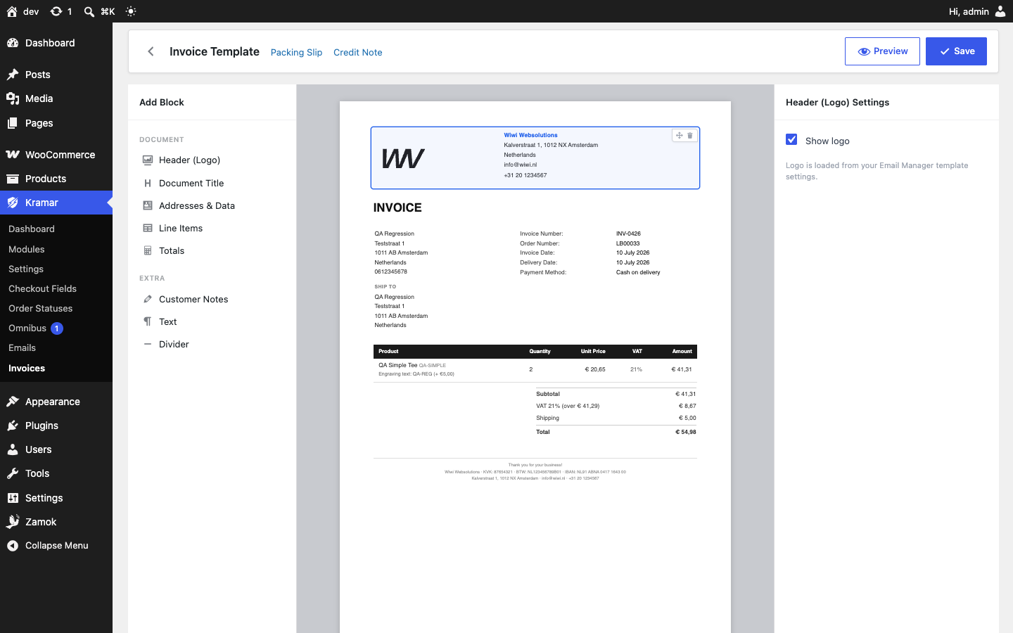 Invoice template builder — drag-and-drop blocks with a live, true-to-print PDF preview.