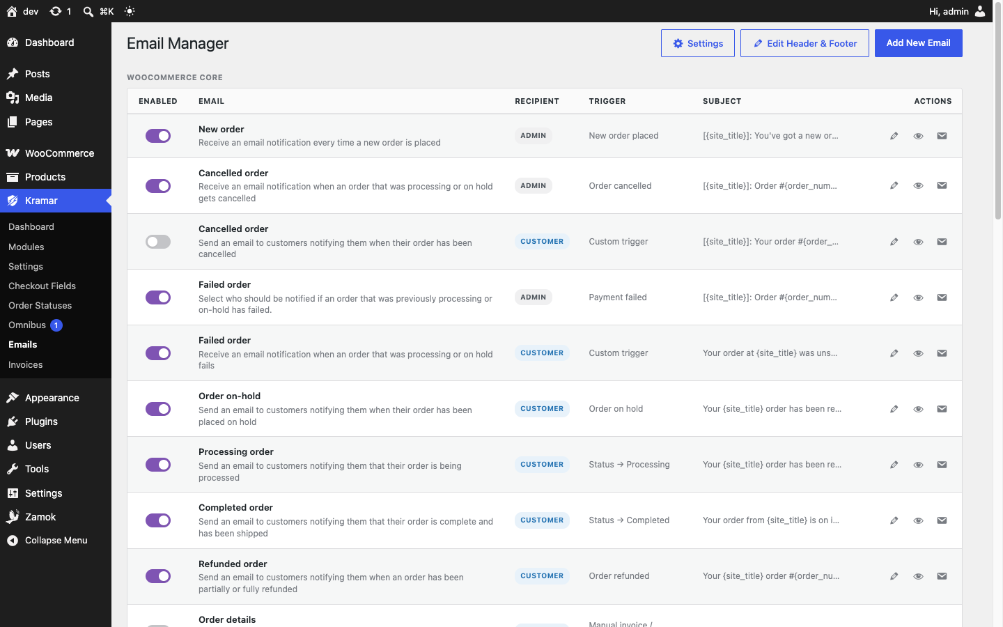 Email Manager — toggle WooCommerce emails, edit each one, or add your own custom transactional emails.