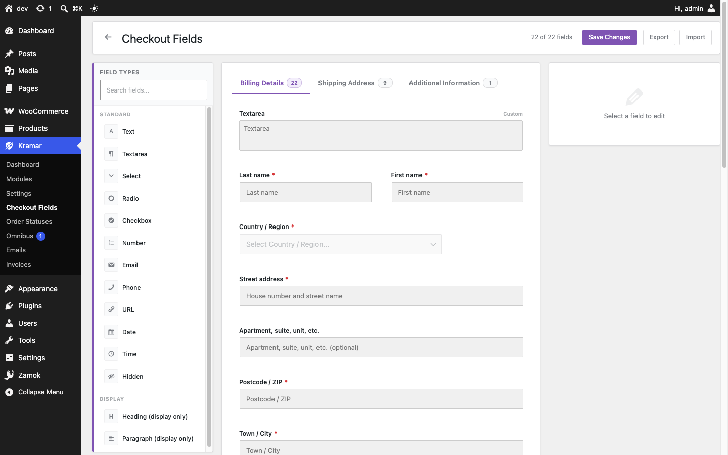 Checkout field editor — add, reorder, and edit billing, shipping, and additional checkout fields.