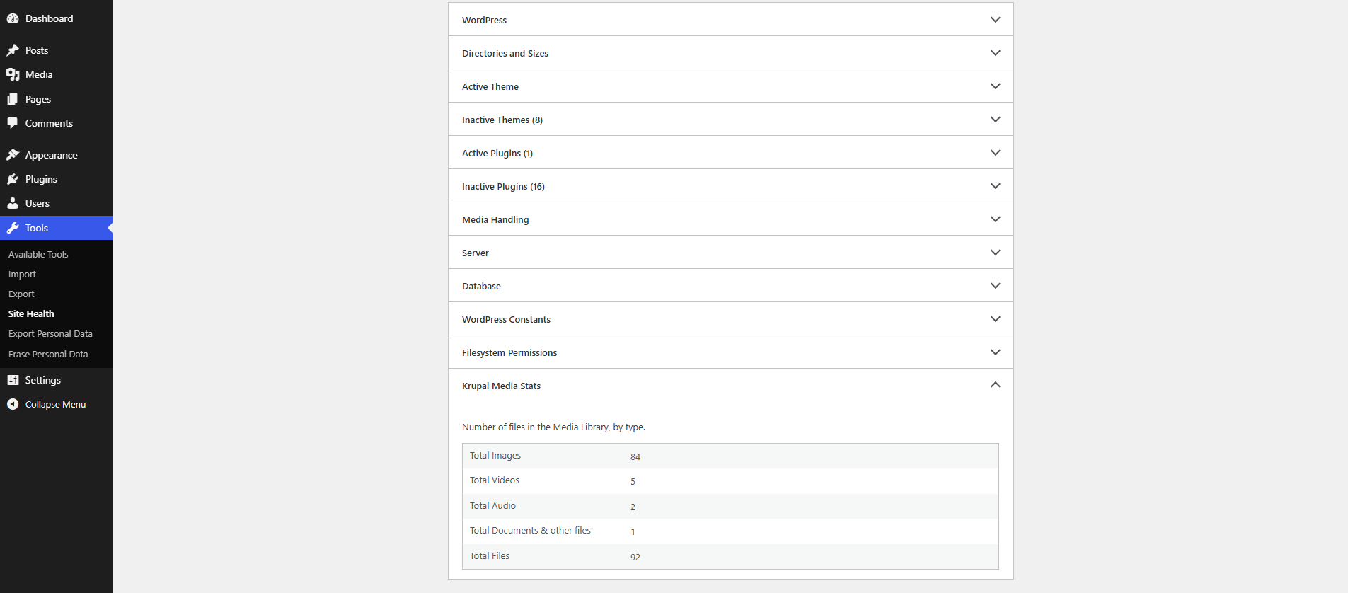 The Krupal Media Stats section in Tools > Site Health > Info.