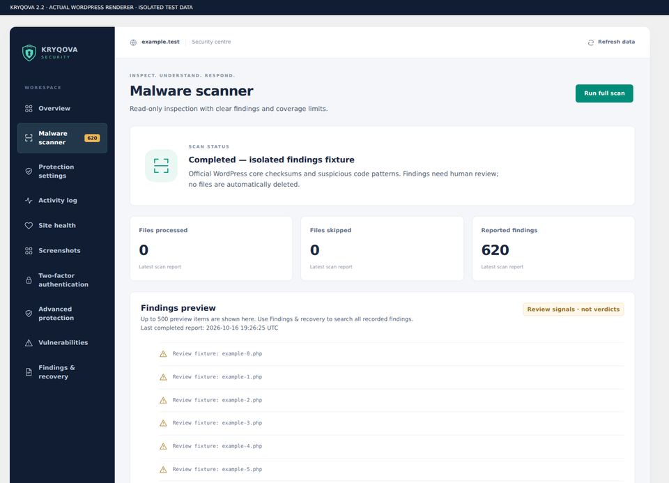 Automatic scanner showing progress, findings and coverage information, without a manual batch button.