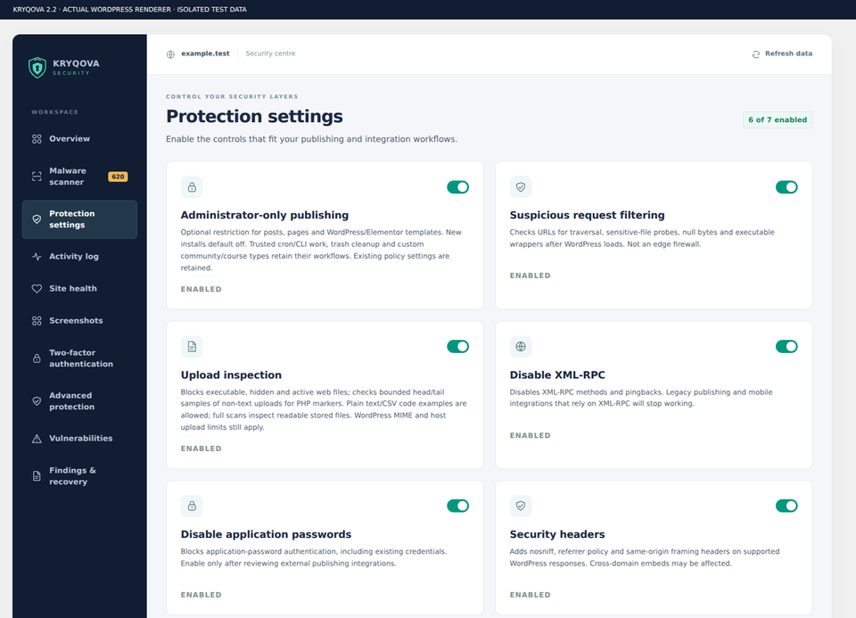Protection settings for administrator-only publishing, uploads, request filtering, integrations and alerts.