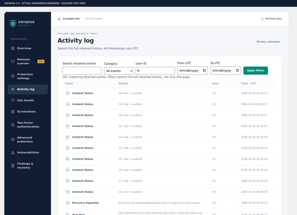 Searchable and filterable activity log with labelled demonstration events.