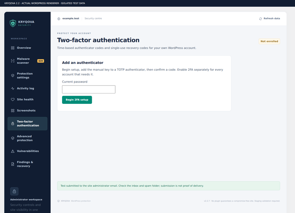 Two-factor authentication enrollment and account protection controls.