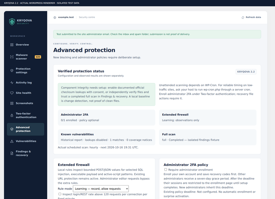 Advanced protection: firewall learning, 2FA policy, consent and scan resources.