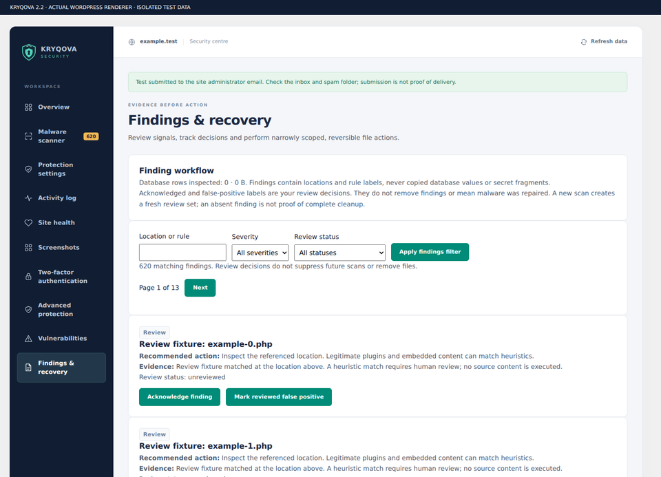 Findings and encrypted recovery: severity, review actions and reversible file operations.