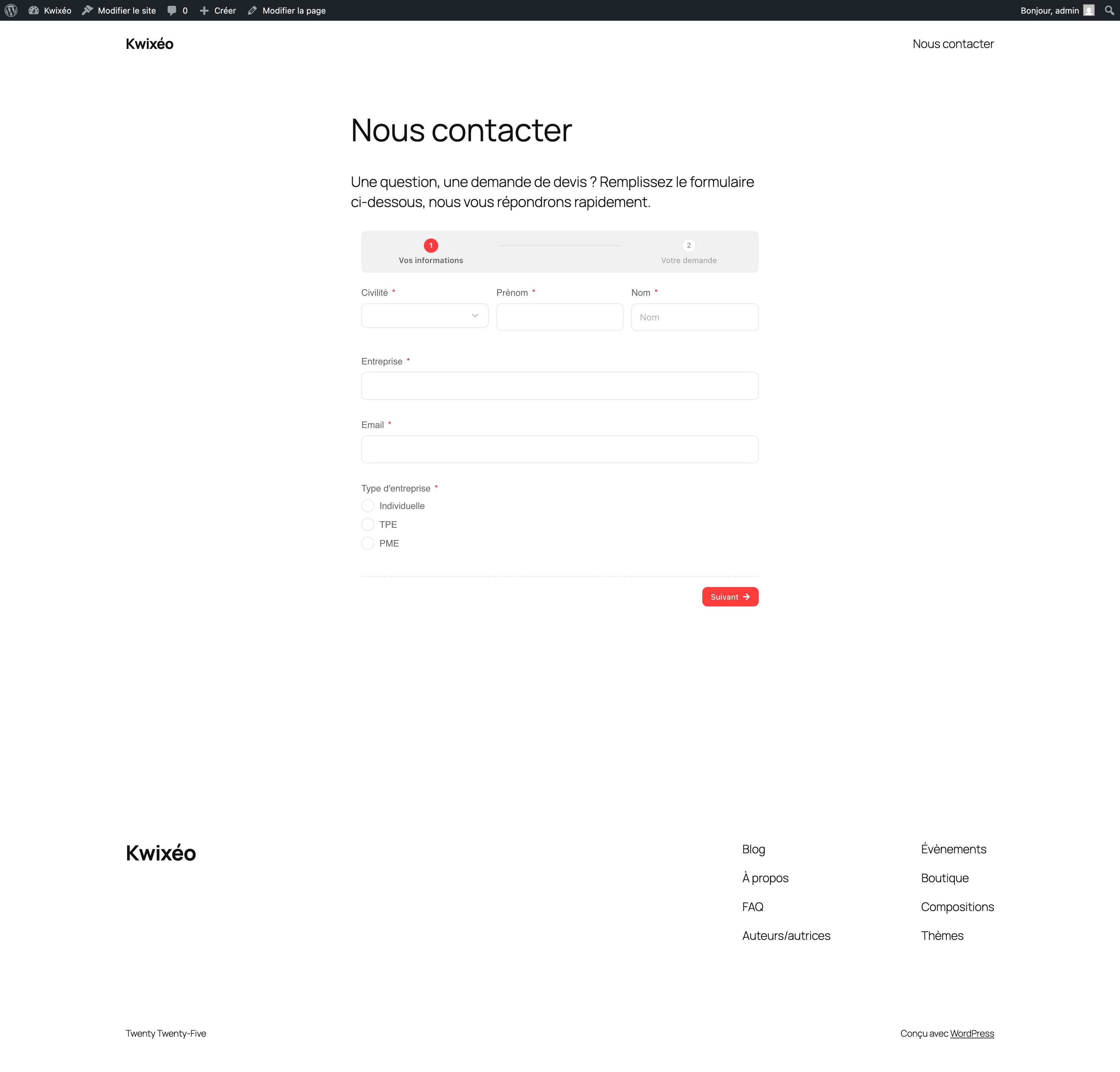 A Kwixeo form embedded in a WordPress page.