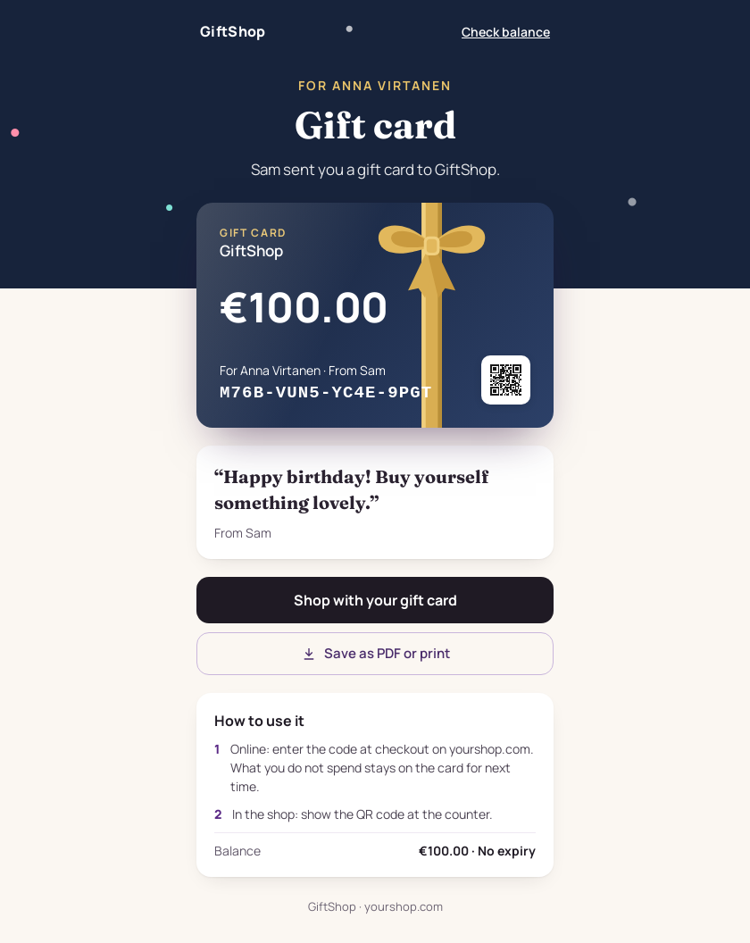 The gift card page the email opens: the card with its QR code, a PDF to print and how to use it.