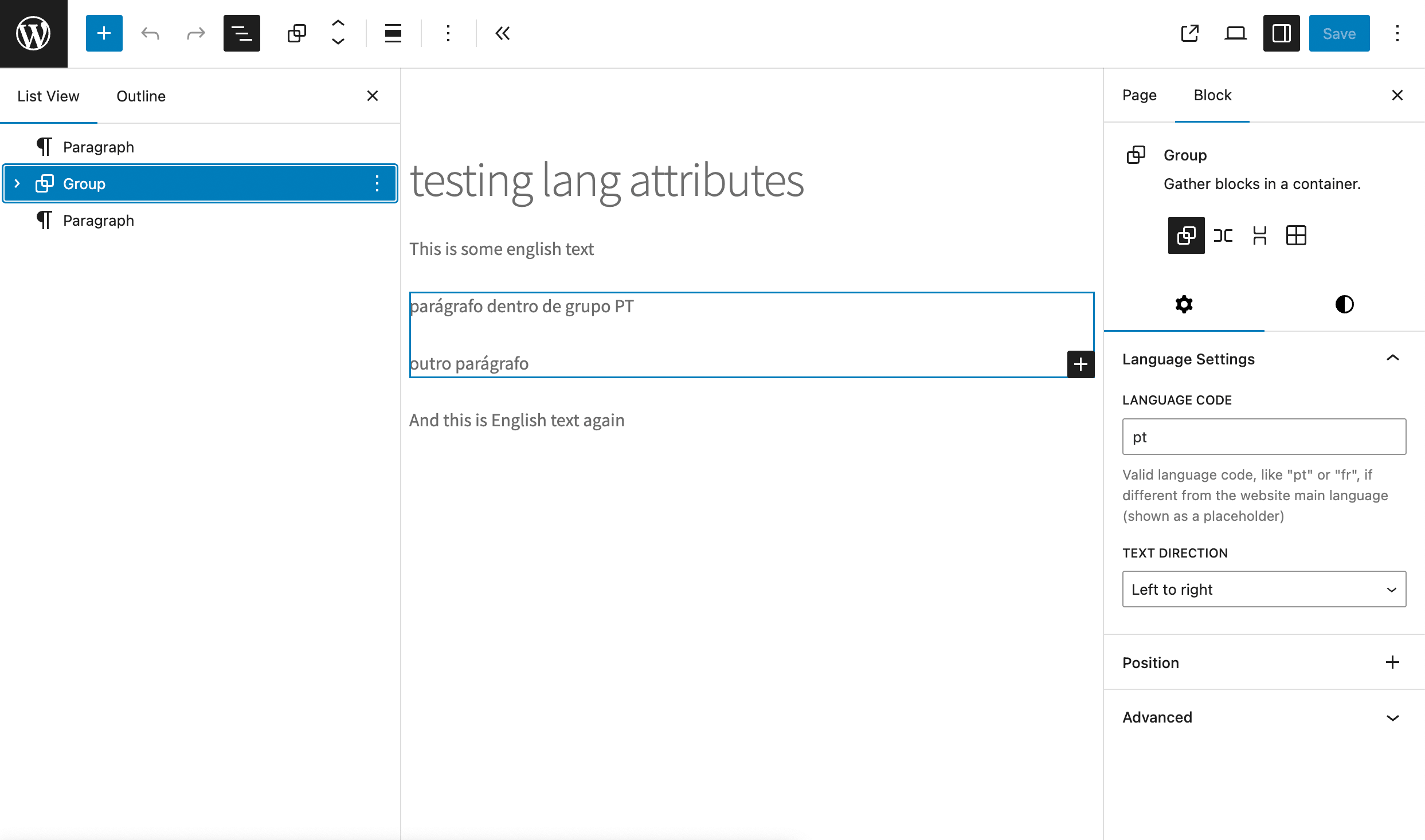 Using the block editor to add a language attribute to a Group block