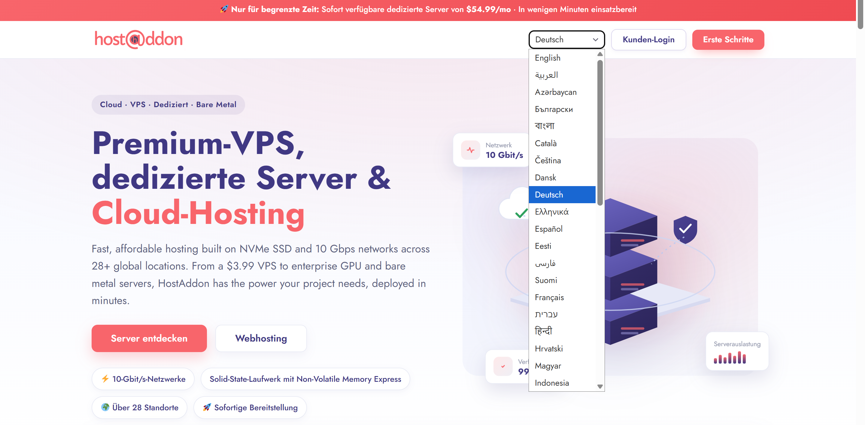 The language switcher on the front end. Pages are served fully translated (shown here in German), with brand names, domains, and prices left exactly as written.