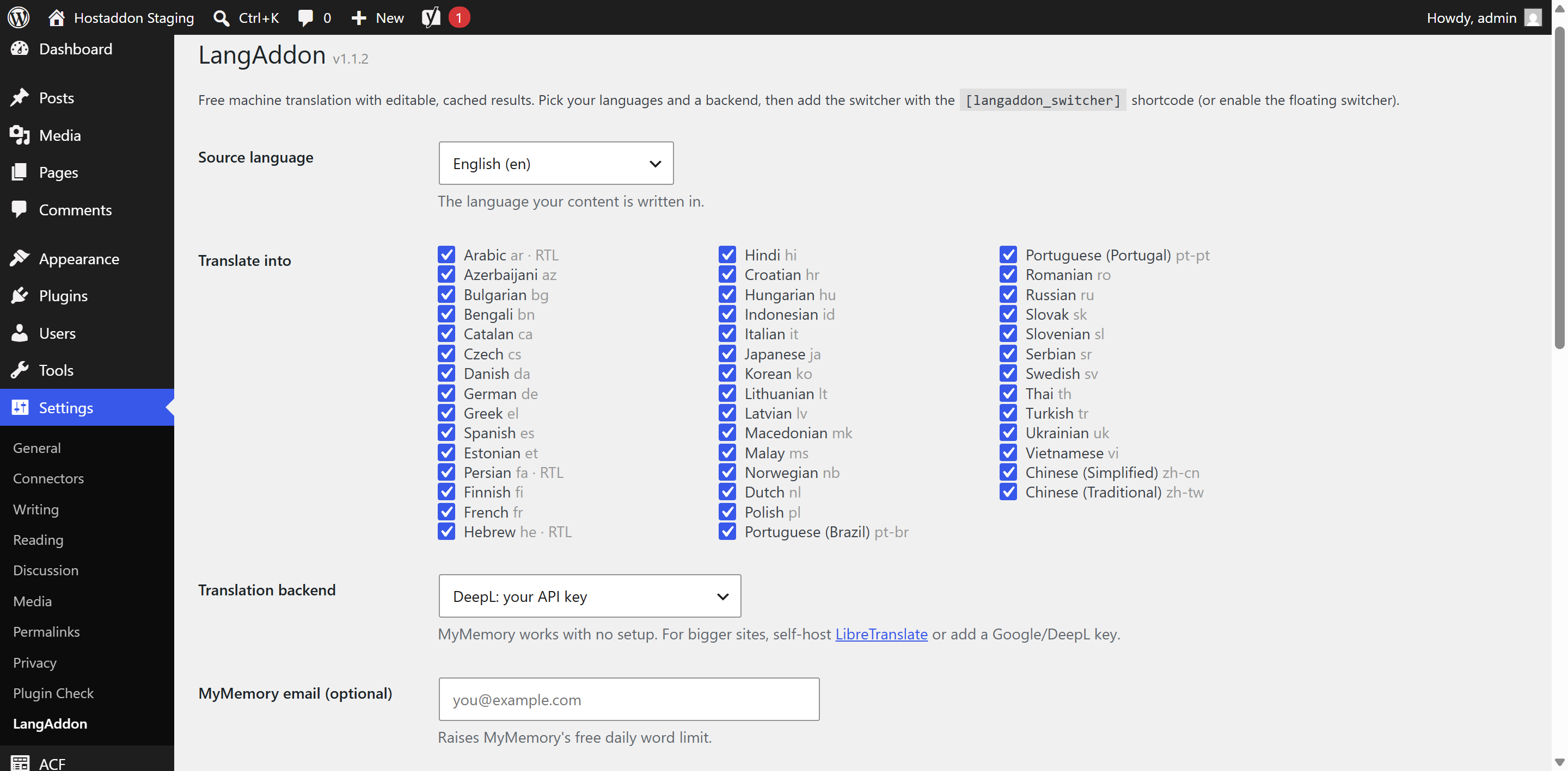 Settings: pick your source language, the languages to translate into, and a translation backend (MyMemory, LibreTranslate, Google, or DeepL).
