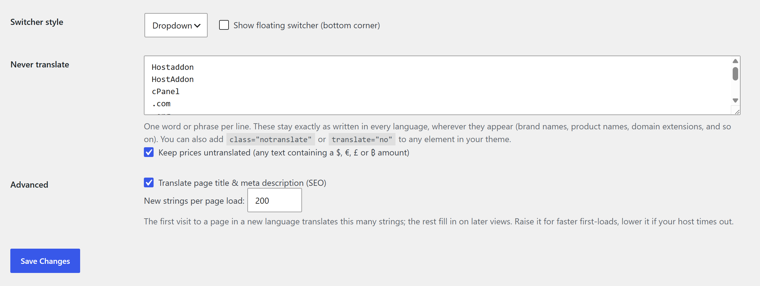 The Never-translate list and the price guard, plus the per-page translation control.