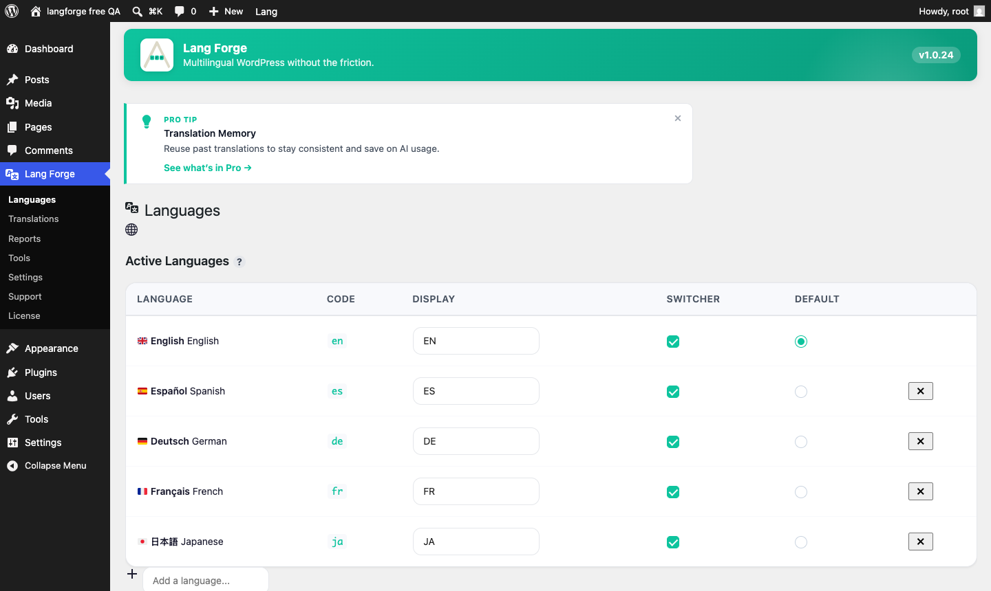 Languages — add as many languages as you need and set codes, display labels, switcher visibility and the default language.