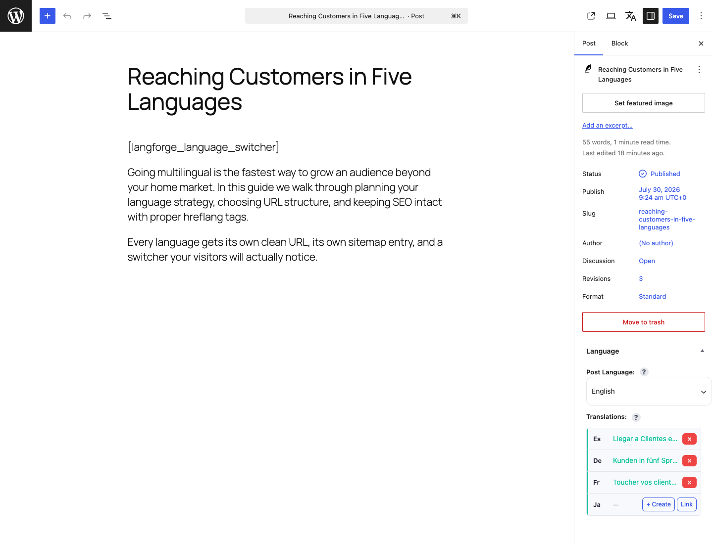Post editor — the Language panel lists every linked translation and creates the missing ones in one click.