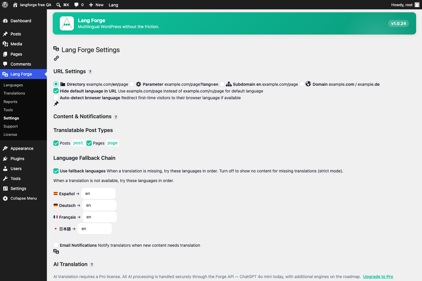 Settings — pick the URL structure (directory, parameter, subdomain or domain) and set the language fallback chain.