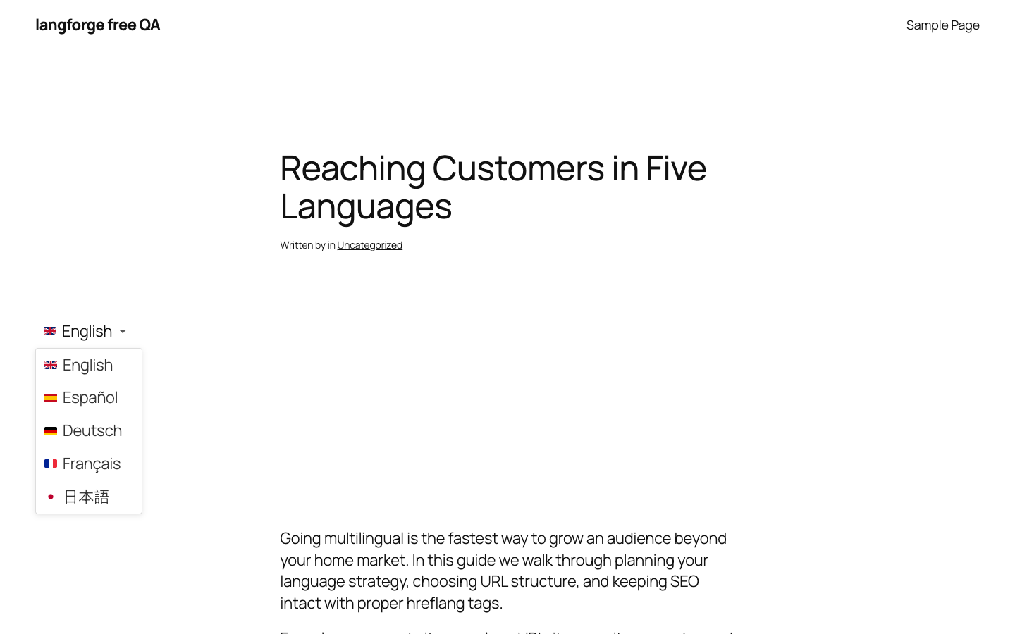 Front end — the language switcher with flags and native language names.