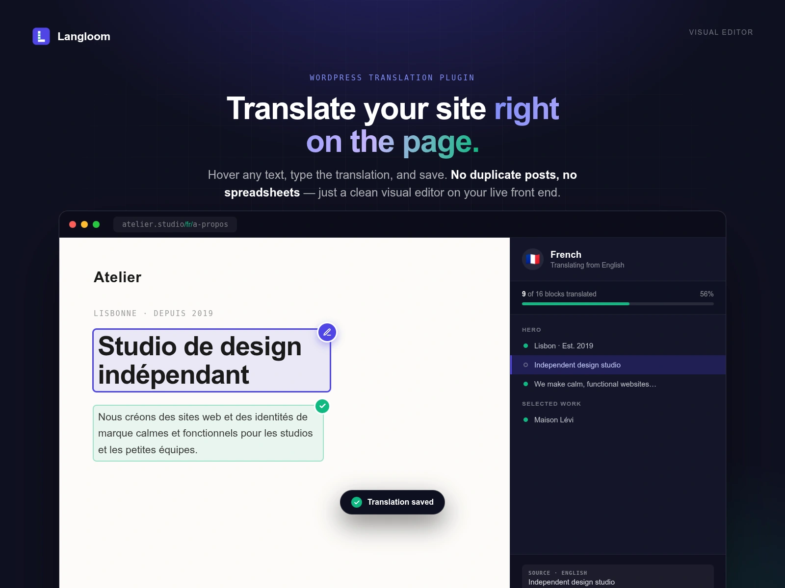 Translate right on the page: hover any text in the visual editor, type the translation, and save. The side panel tracks progress block by block.
