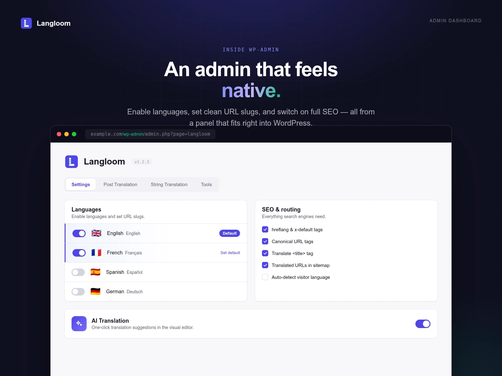 The Langloom settings screen in wp-admin, where you enable languages, set URL slugs, and switch on hreflang, canonical tags, translated titles and sitemaps.