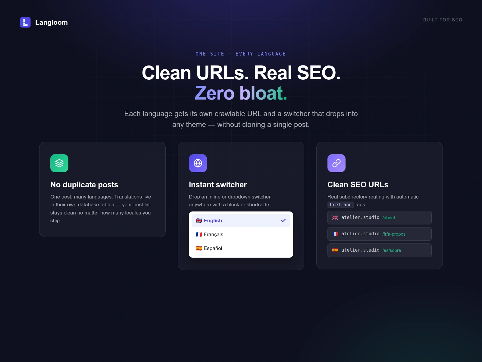 One post, many languages: clean subdirectory URLs with automatic hreflang, plus a language switcher you can drop into any theme.