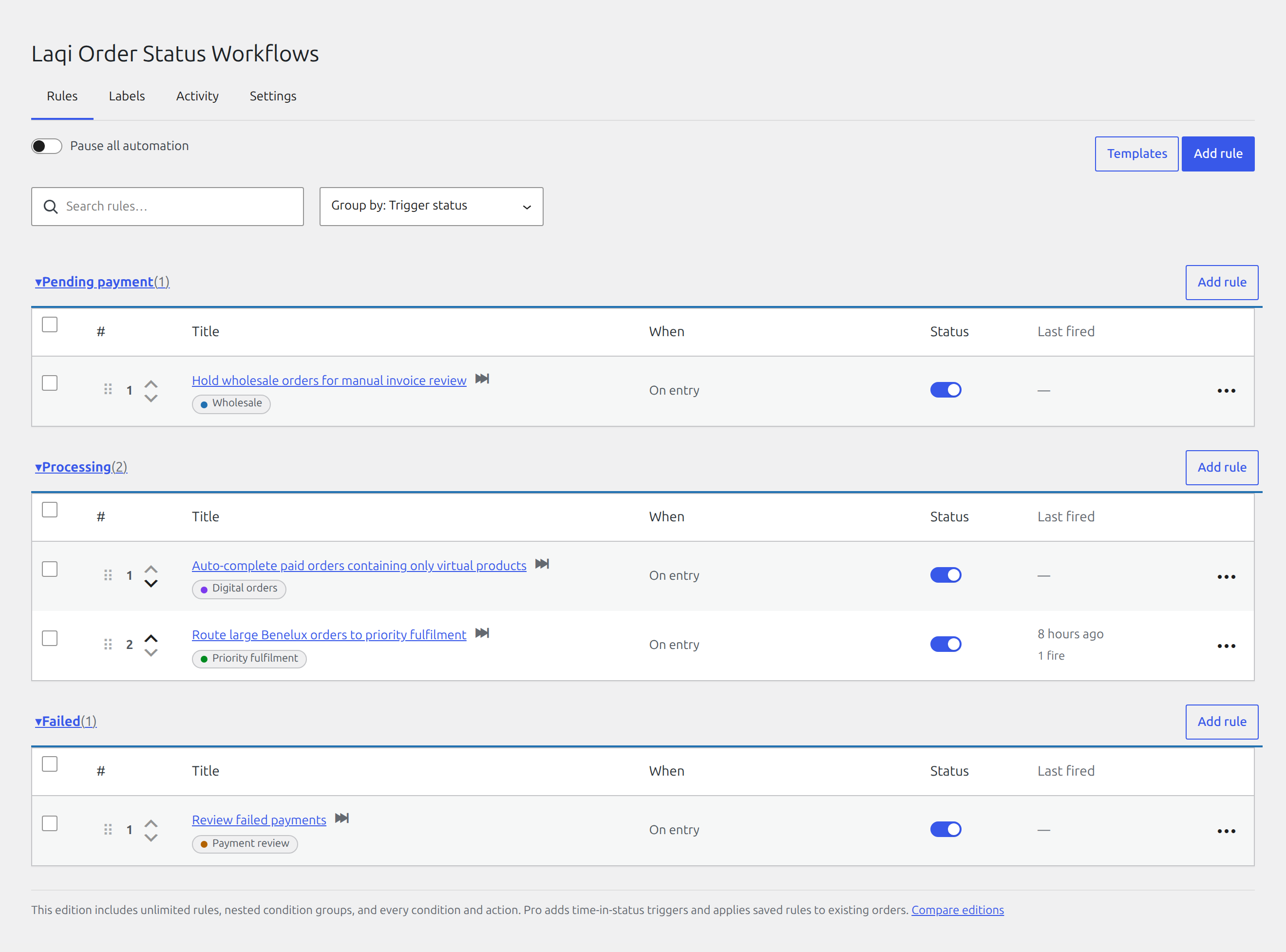Group and search unlimited order workflows, then adjust their priority without leaving the rules screen.