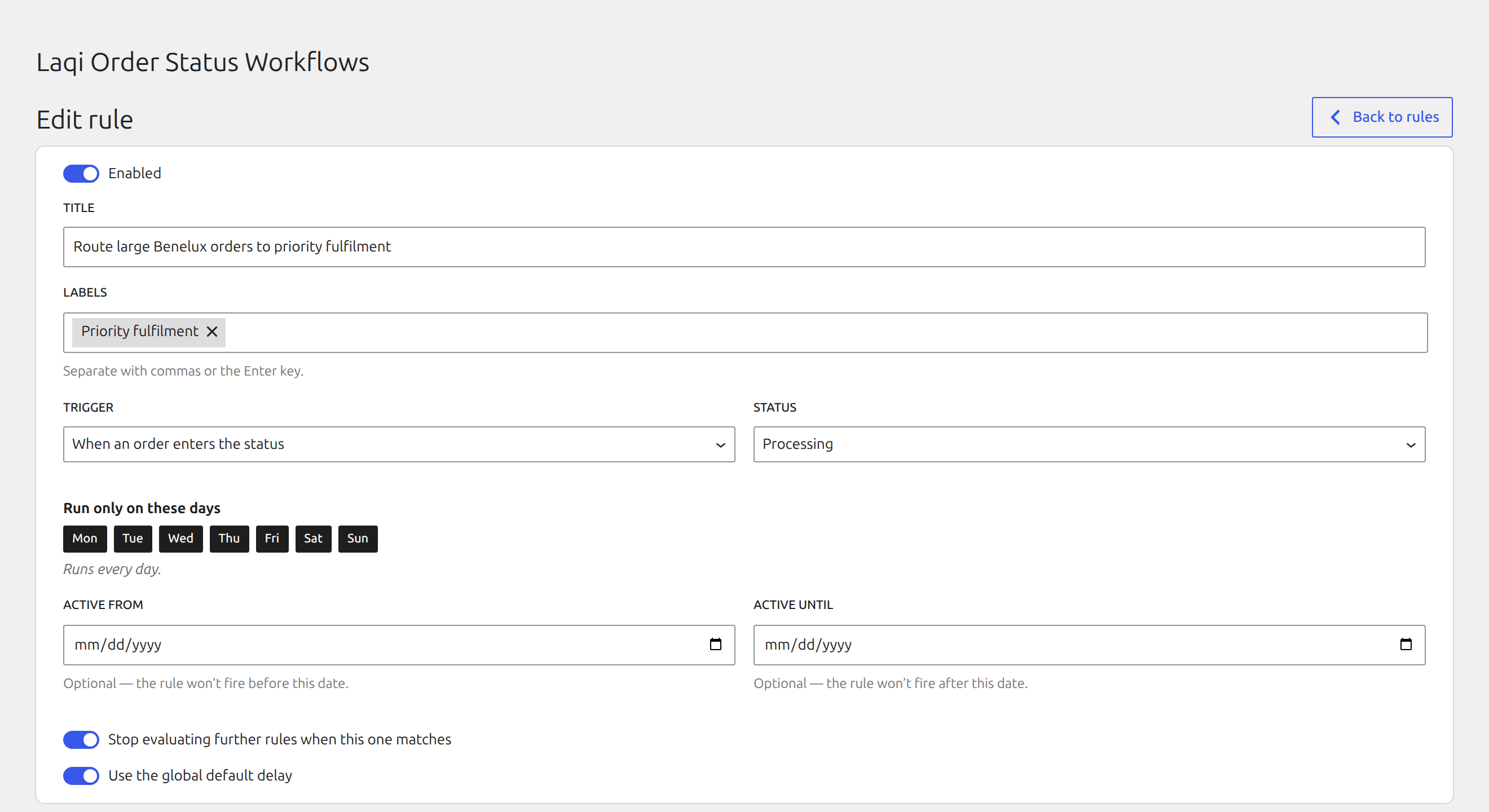 Name and label a workflow, choose when it runs, and configure its schedule and evaluation behaviour.