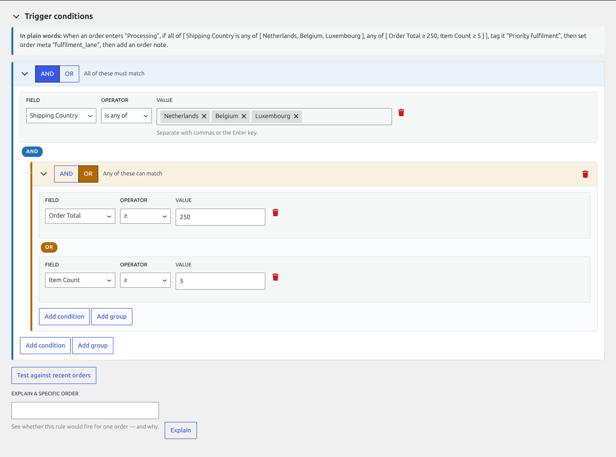 Combine nested AND/OR condition groups for precise order routing without writing code.