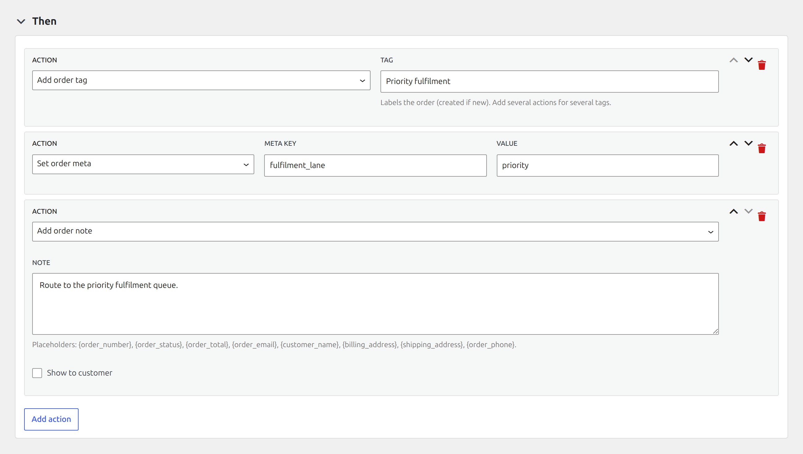 Stack several actions in the order they should run, including tagging, safe metadata, and an internal order note.