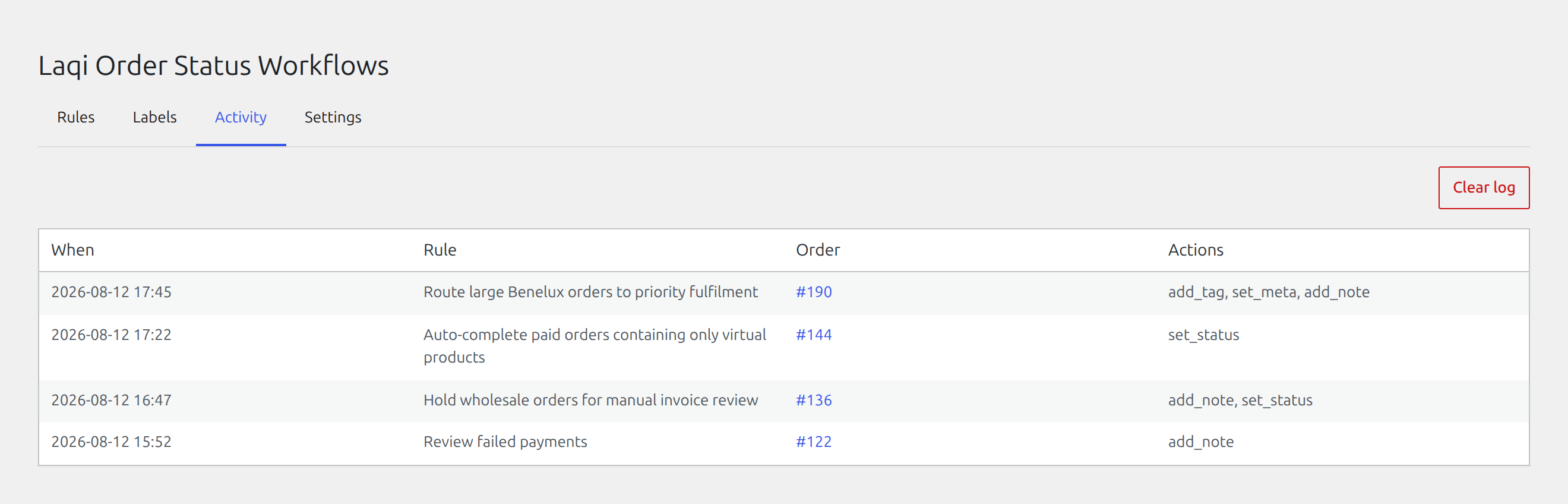 Review recent rule activity with the workflow, order, and actions recorded for each run.