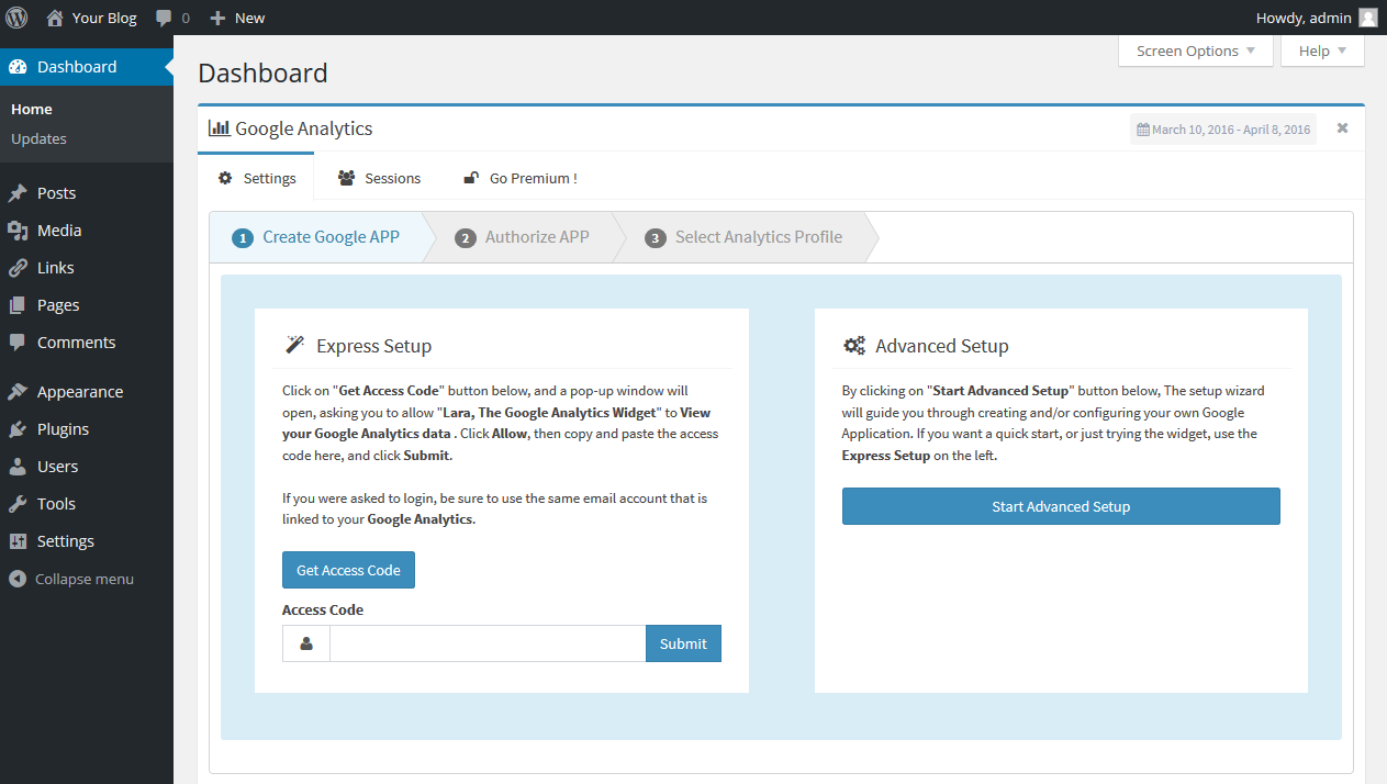 Setup Screen, showing Express and Advanced Google Analytics setup options.