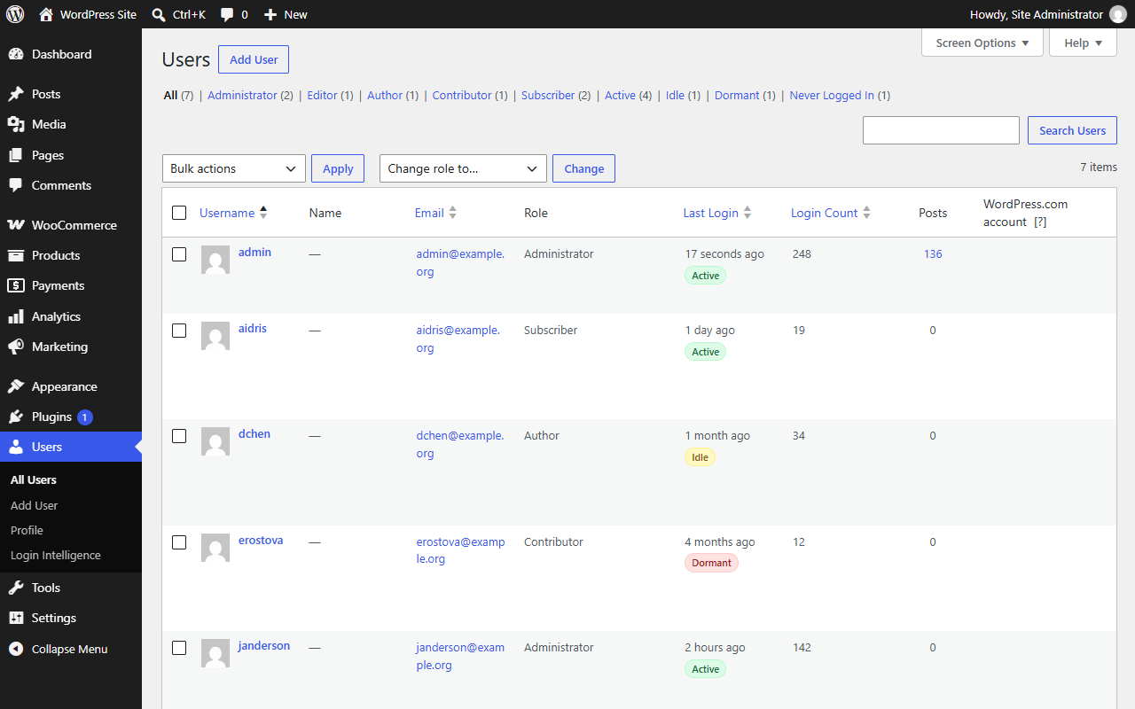 Users List Table: Sortable Last Login and Login Count columns, color-coded lifecycle badges, and state filter tabs