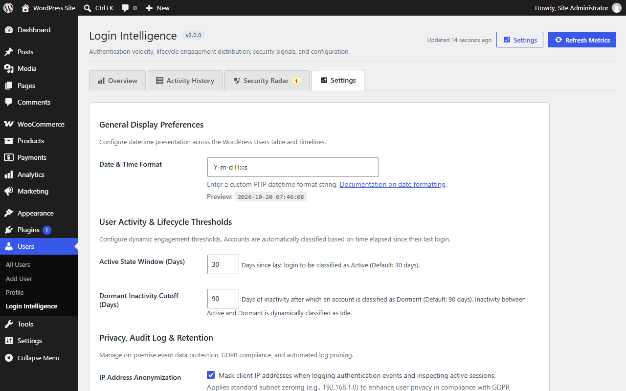 Settings & Privacy: Display preferences, lifecycle thresholds, data retention schedules, and uninstall data policy