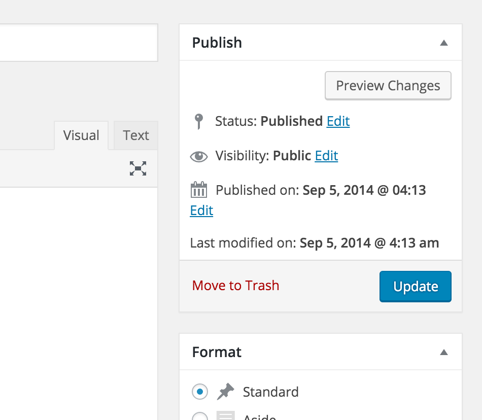 Page/post edit screen (<code>post.php</code>) - added <code>Last modified on: *timestamp*</code> to <code>Publish</code> meta box.
