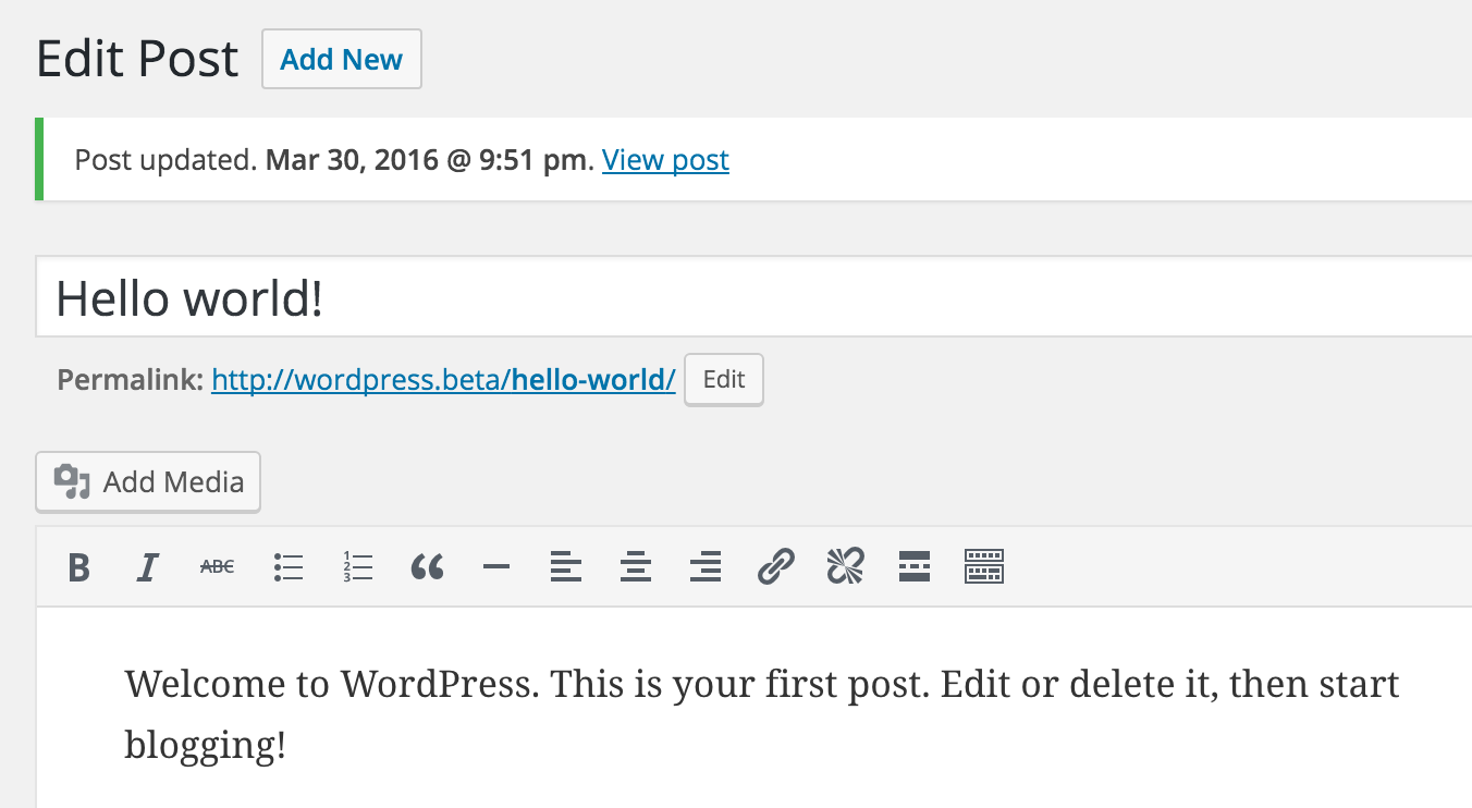 Admin messages after editing a page/post - ie: <code>Post updated. *timestamp* View Post</code>