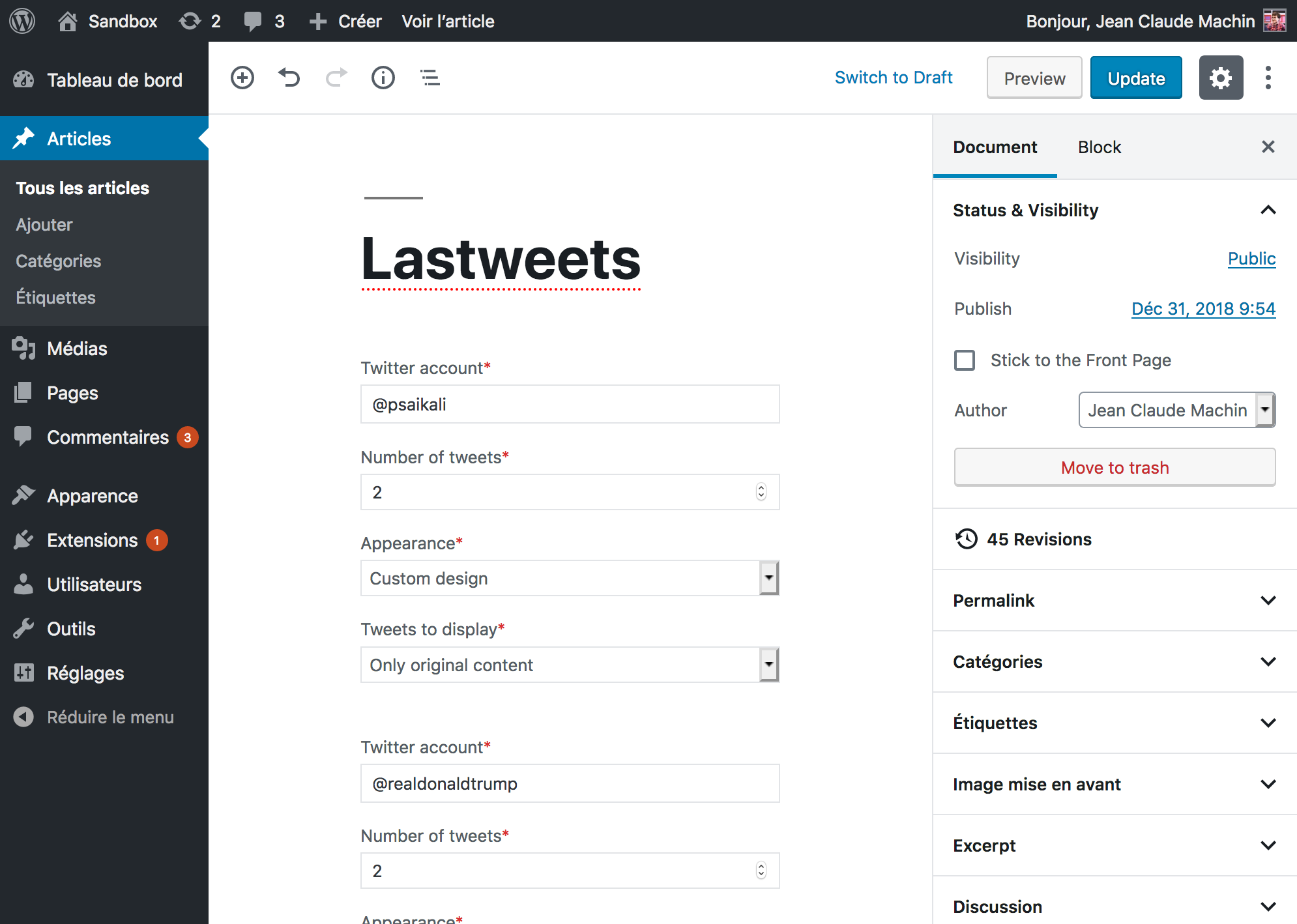 The Gutenberg block lets you display tweets on any page.