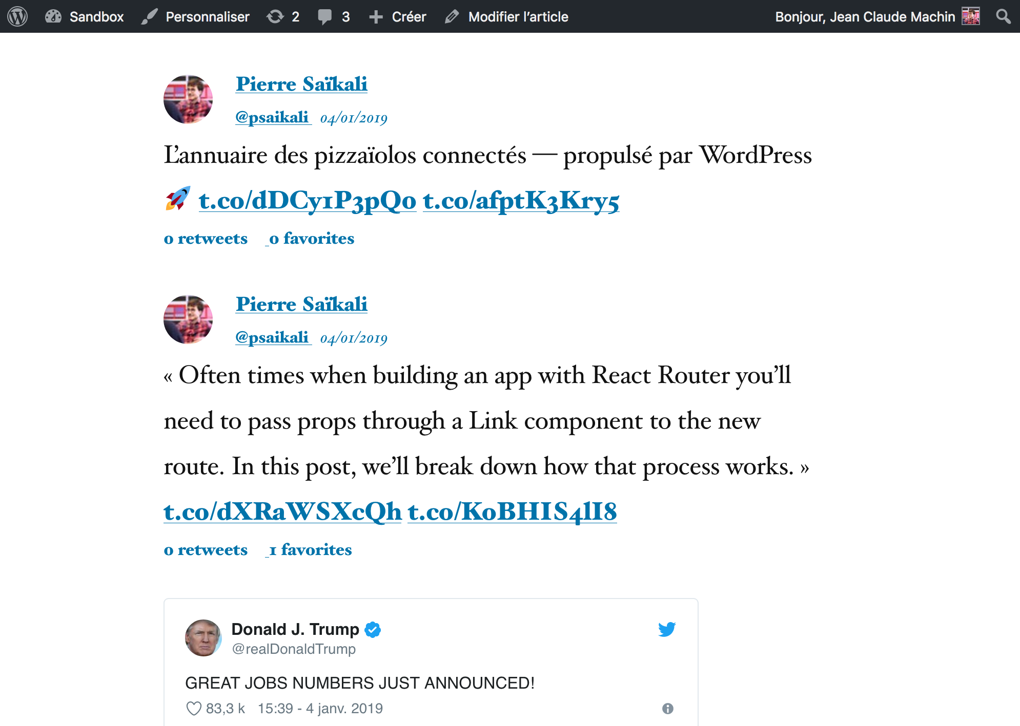 Tweets displayed on the front-end with custom theme or oEmbed display setting.