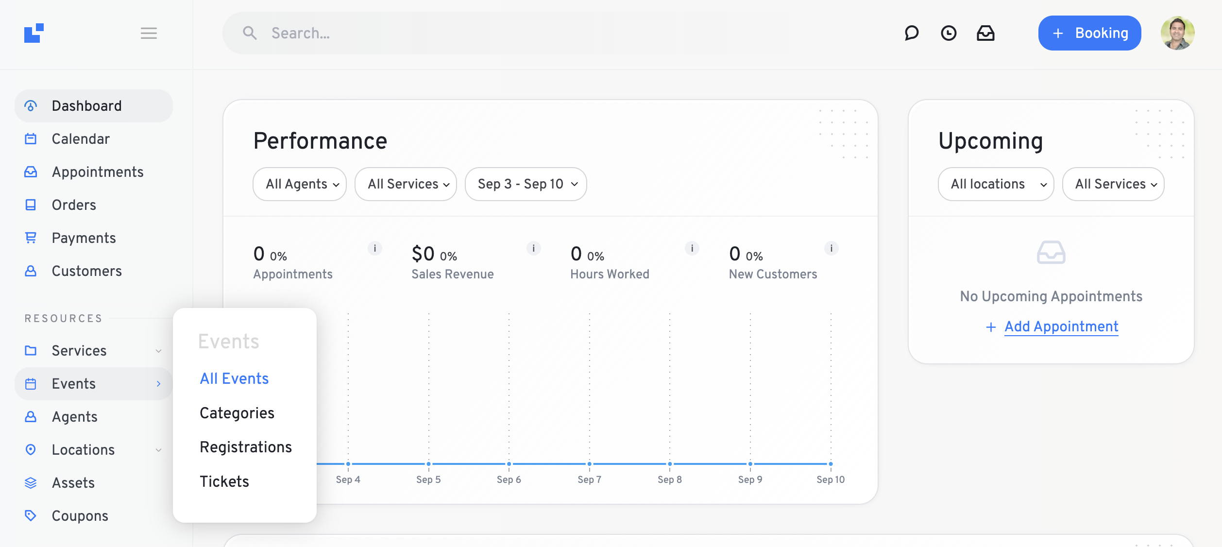 Events dashboard - Events lives right in your dashboard, next to Services, with quick access to All Events, Categories, Registrations, and Tickets.