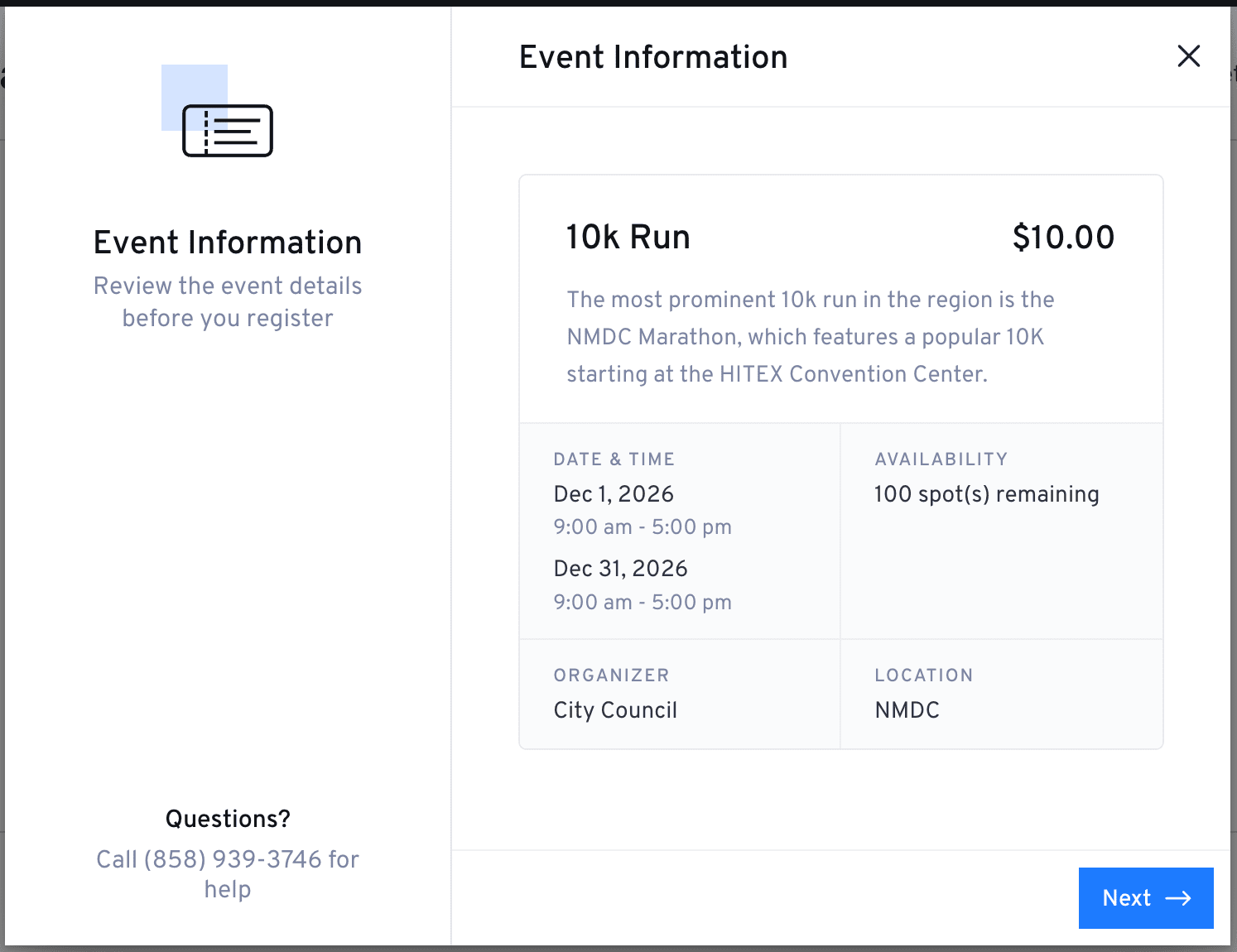 Event details for customers - Customers see full event details, including date, availability, organizer, and location, before they complete their registration.