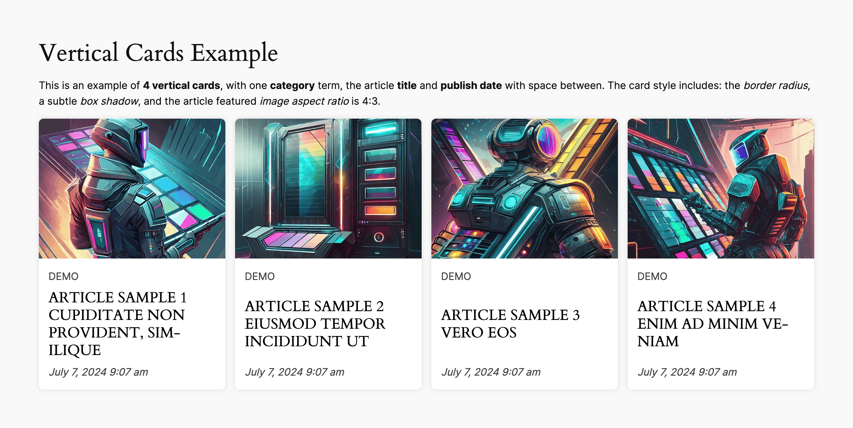 Example of 3 columns grid of vertical cards.