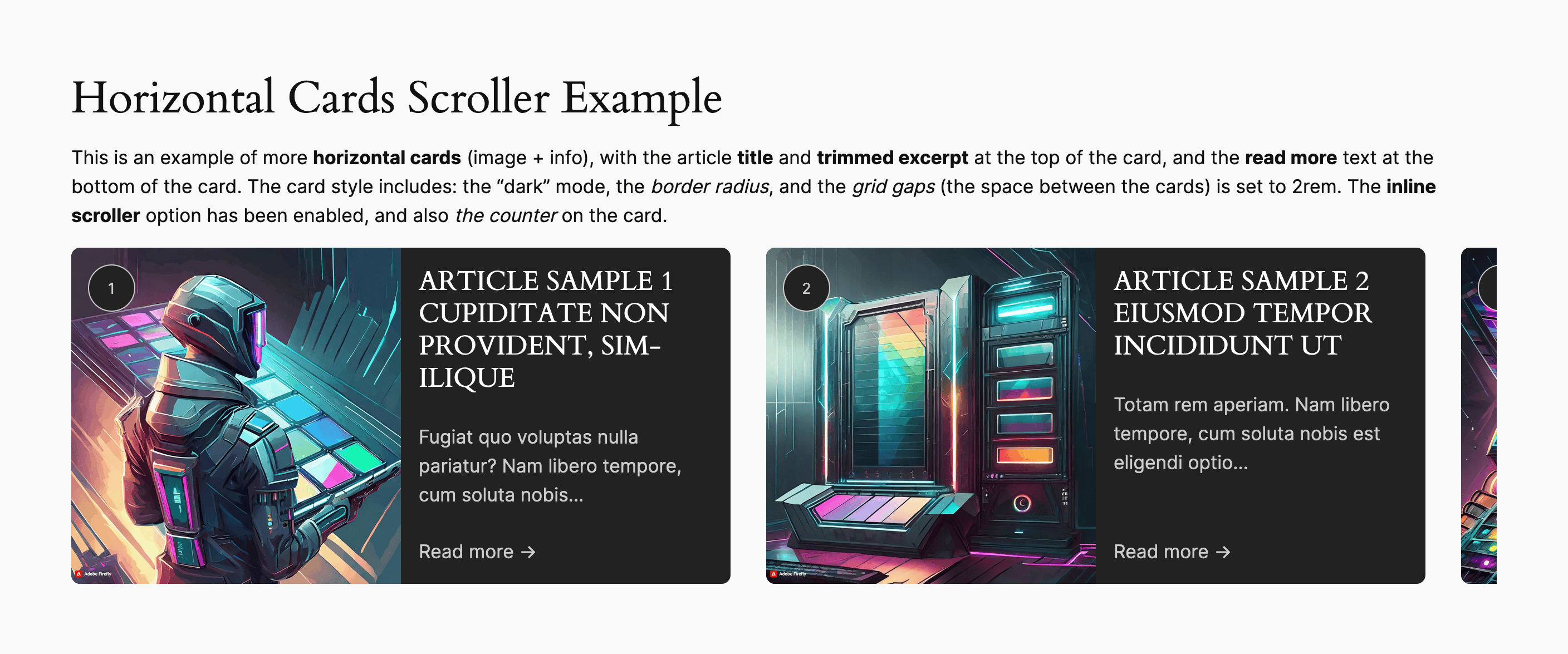 Example of horizontal cards (image + info) as an inline scroller.