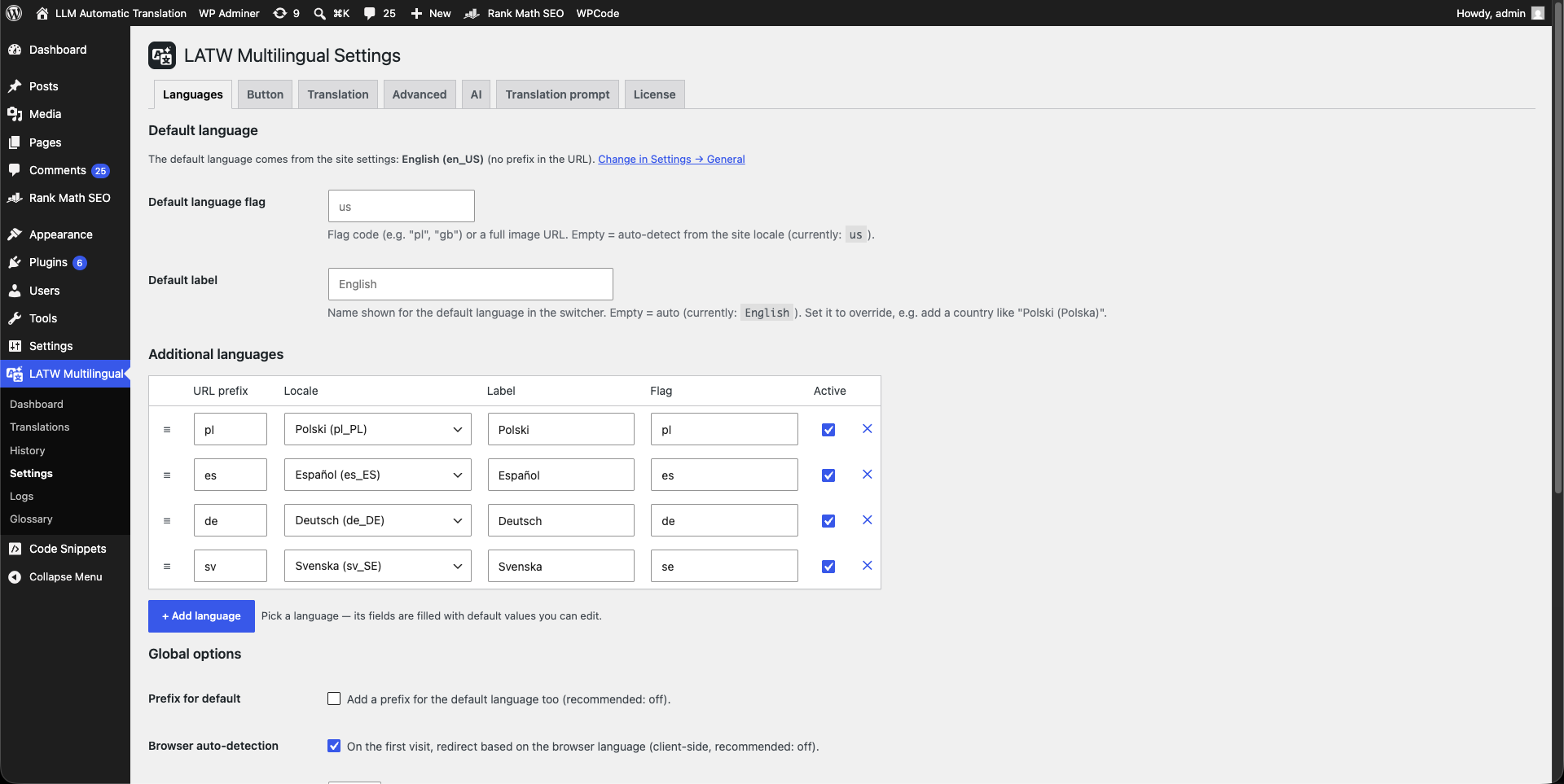 Settings - add unlimited languages with prefix, locale, label and flag.