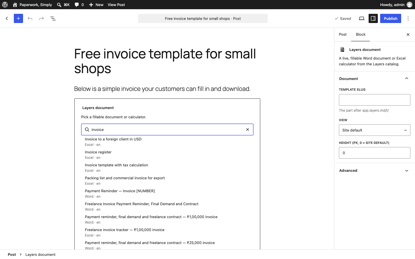 Picking a template in the block editor.