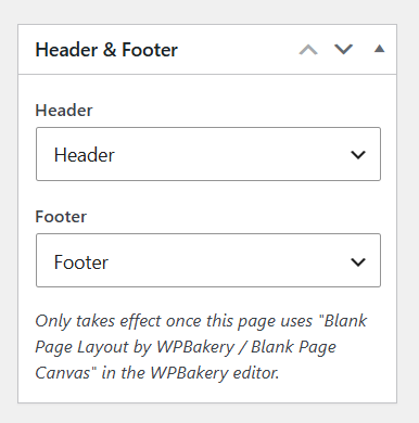 The "Header & Footer" box in the Page edit screen's side column, where a saved Header and Footer can be assigned to the page once it uses WPBakery's "Blank Page Layout by WPBakery / Blank Page Canvas".