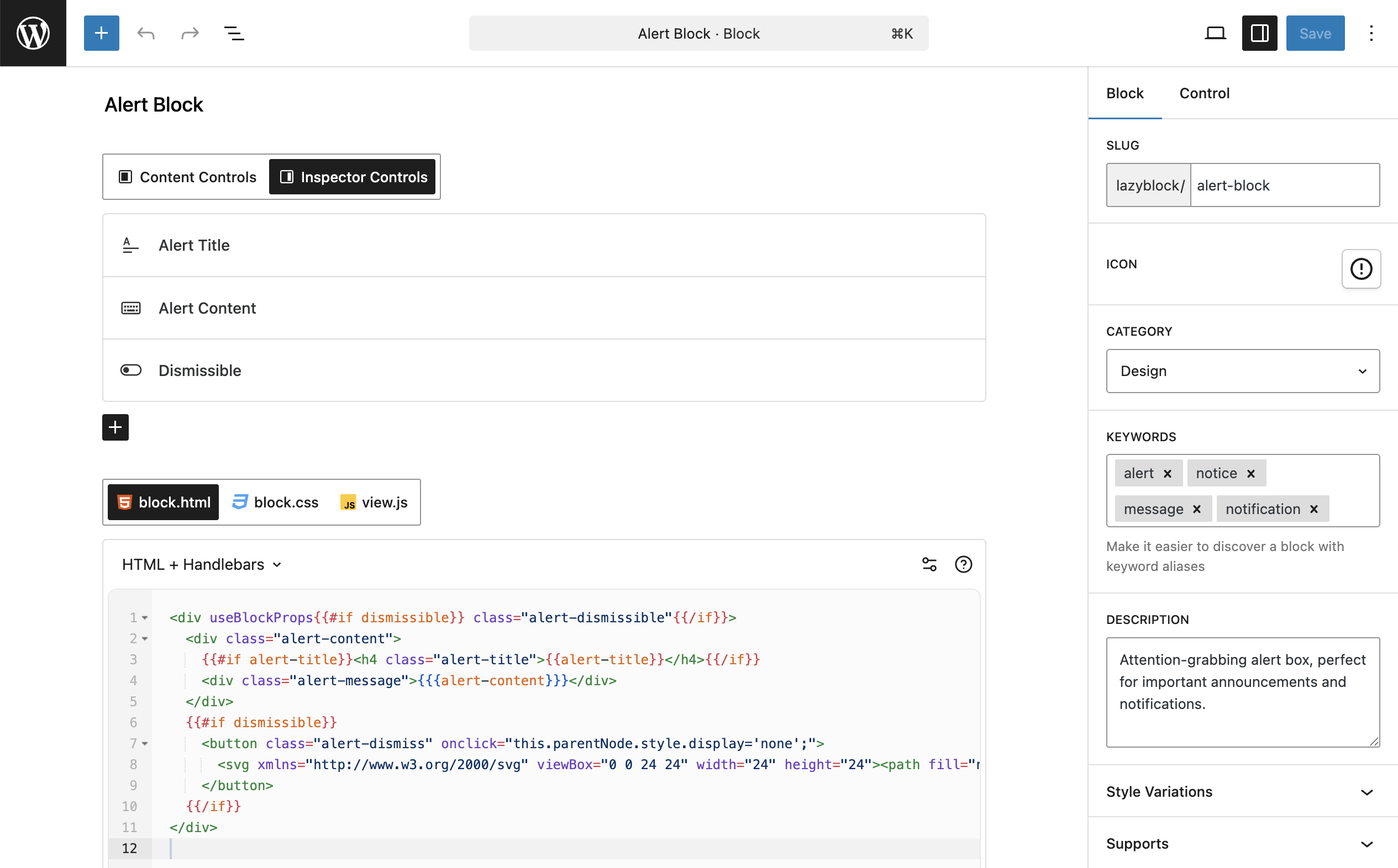Custom block example in Block Builder UI