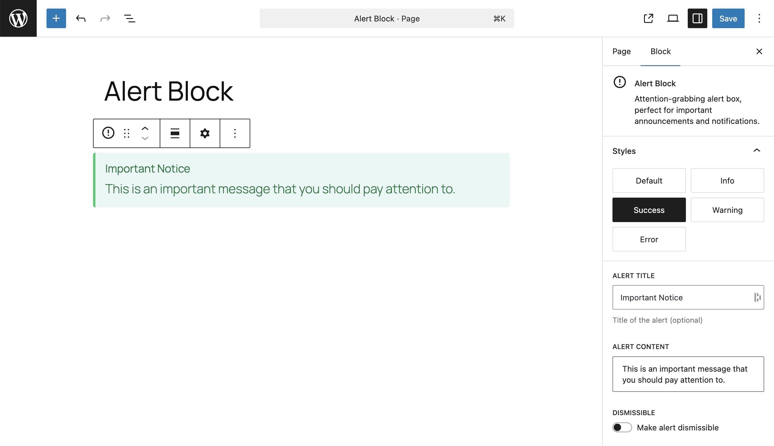 Custom block example in WordPress editor