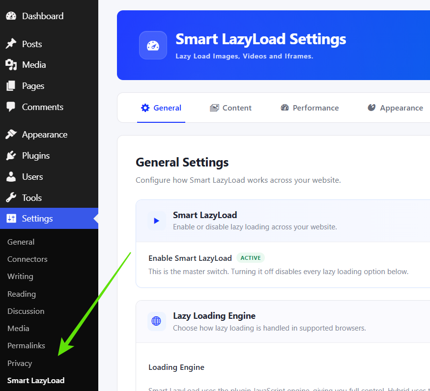 Smart LazyLoad settings menu in the WordPress admin.