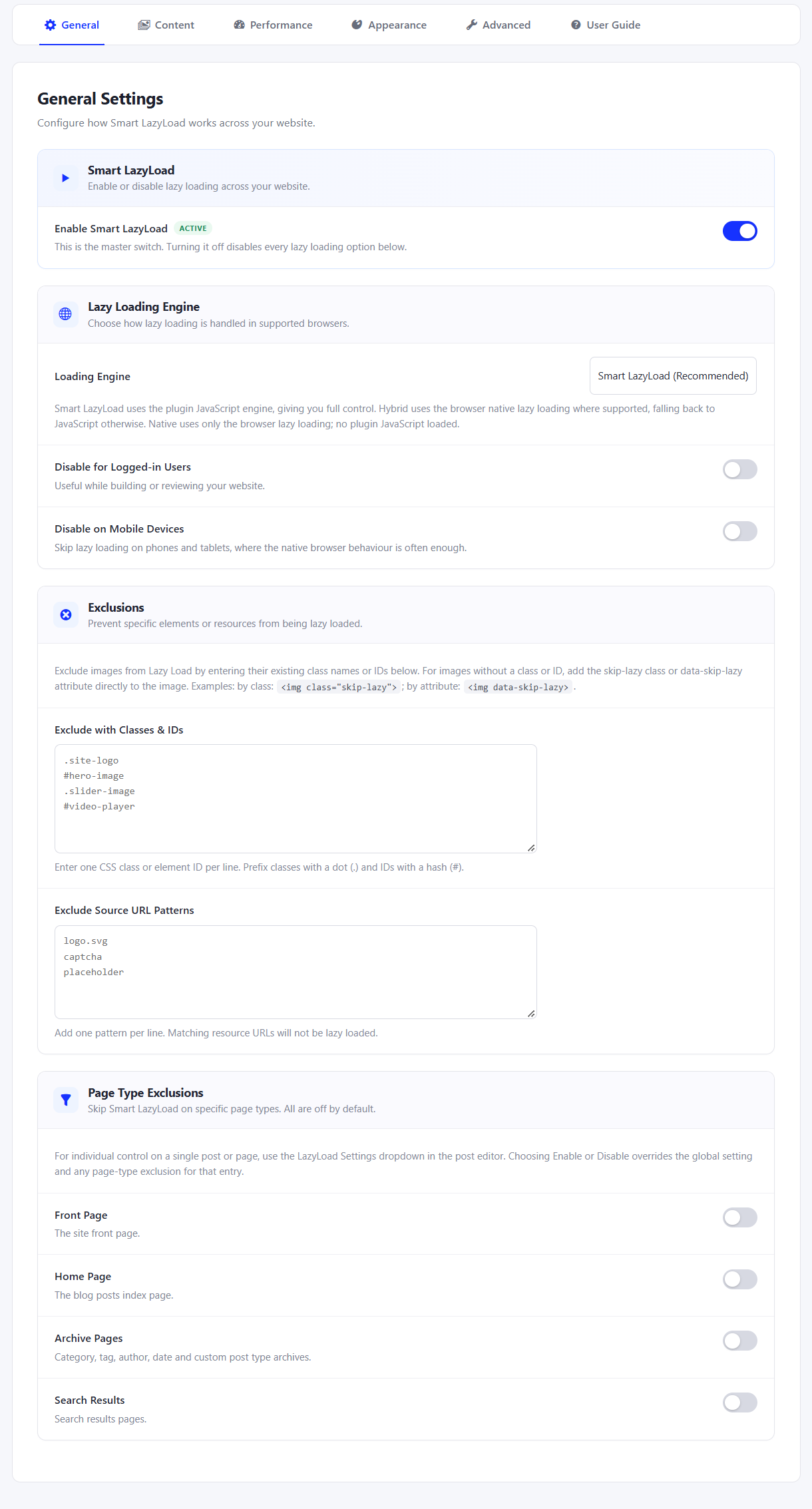 General settings for enabling lazy loading, engine and exclusions.