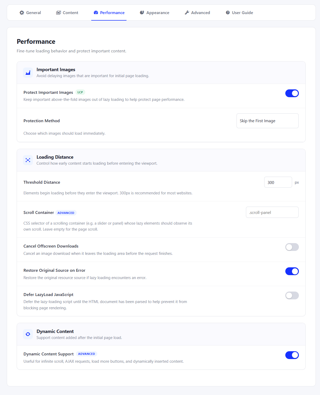 Performance settings for important images and loading behavior.