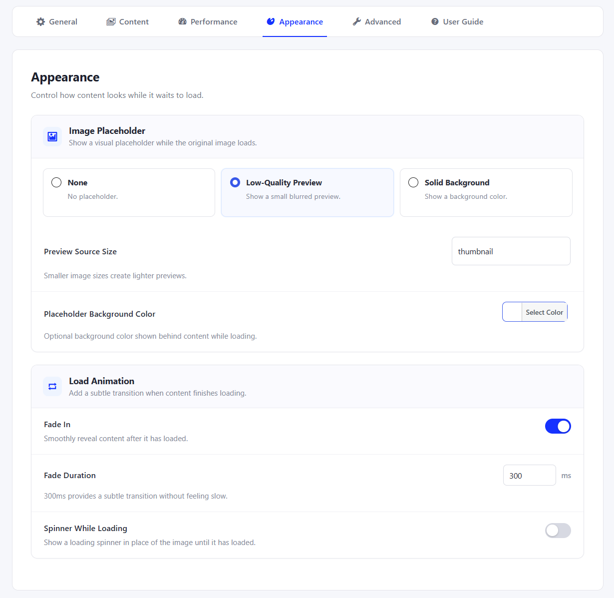 Appearance settings for placeholders, fade-in, and loading indicators.