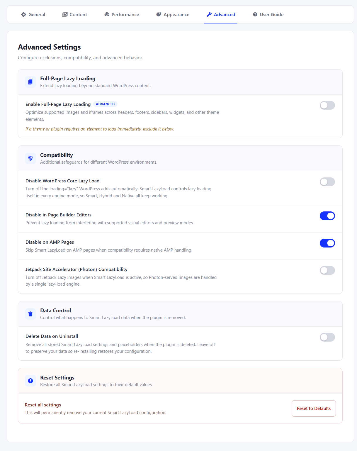 Advanced settings for full-page lazy loading, compatibility, and data cleanup.